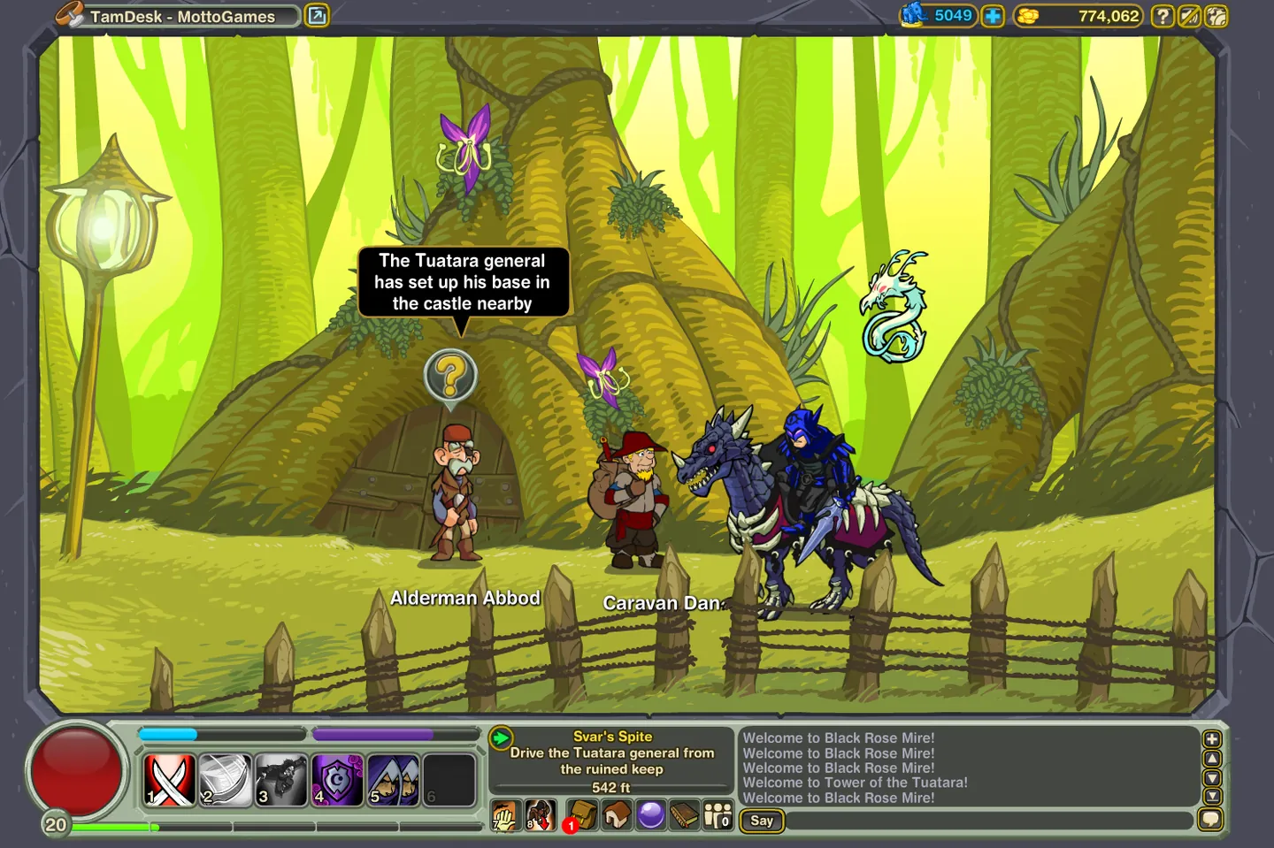 A player rides through the bright green forest of Black Rose Mire, speaking with characters near a tree house.