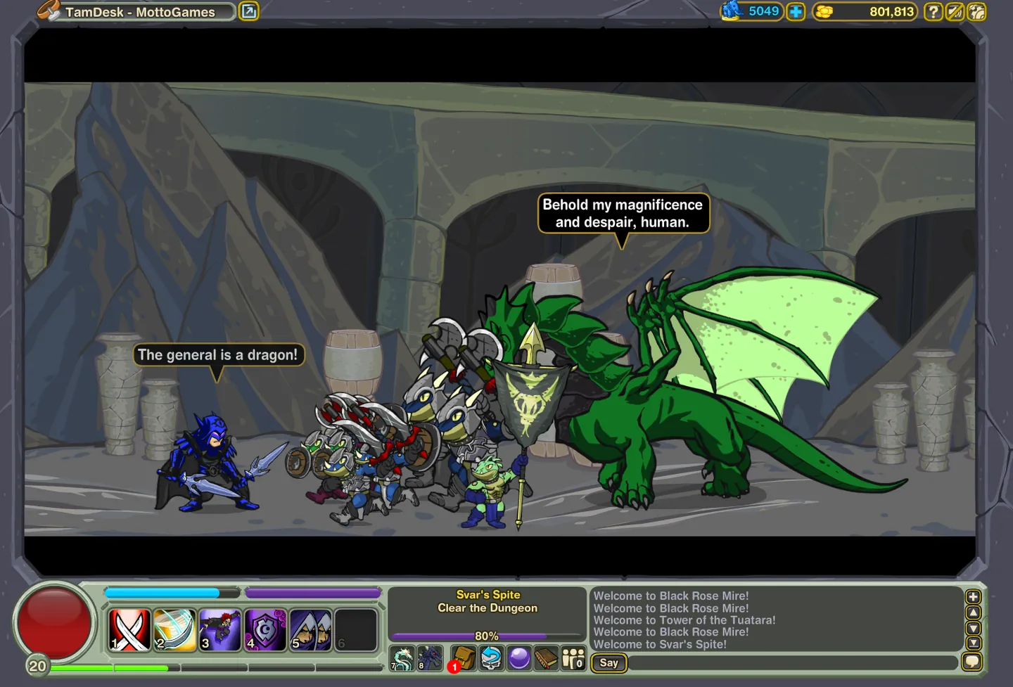 A party confronts a large green dragon in a Dungeon Blitz dungeon cutscene.