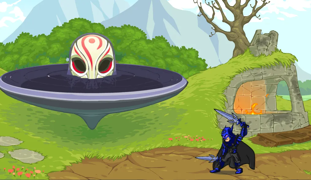 A blue-armored rogue stands near a mysterious floating masked portal in a grassy Dungeon Blitz landscape.