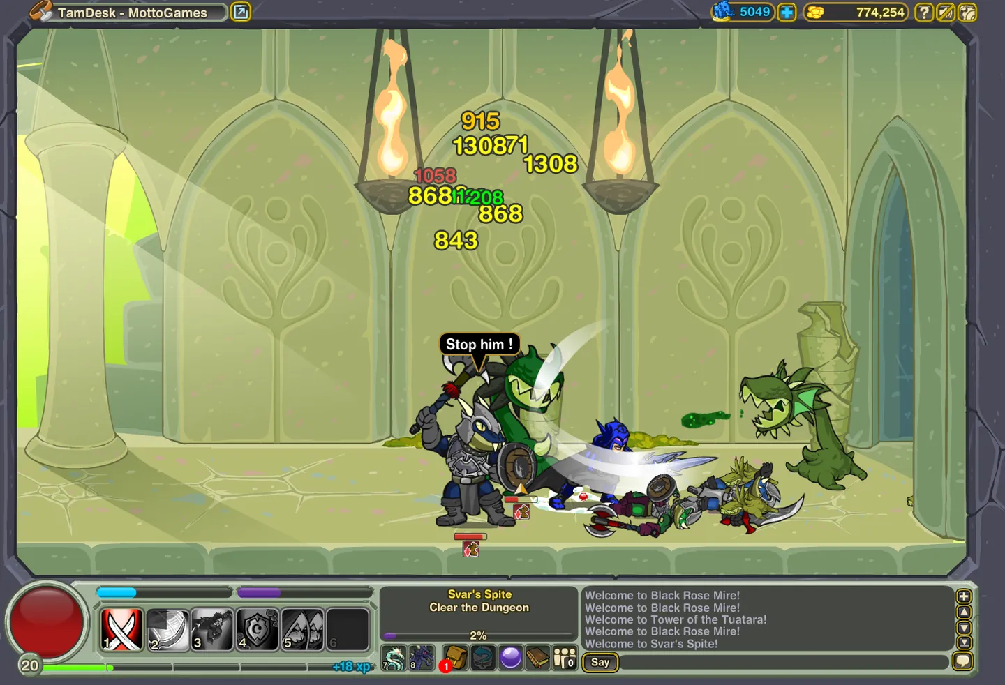 Dungeon Blitz players fight goblins and a green creature inside the Tower of the Tuatara.